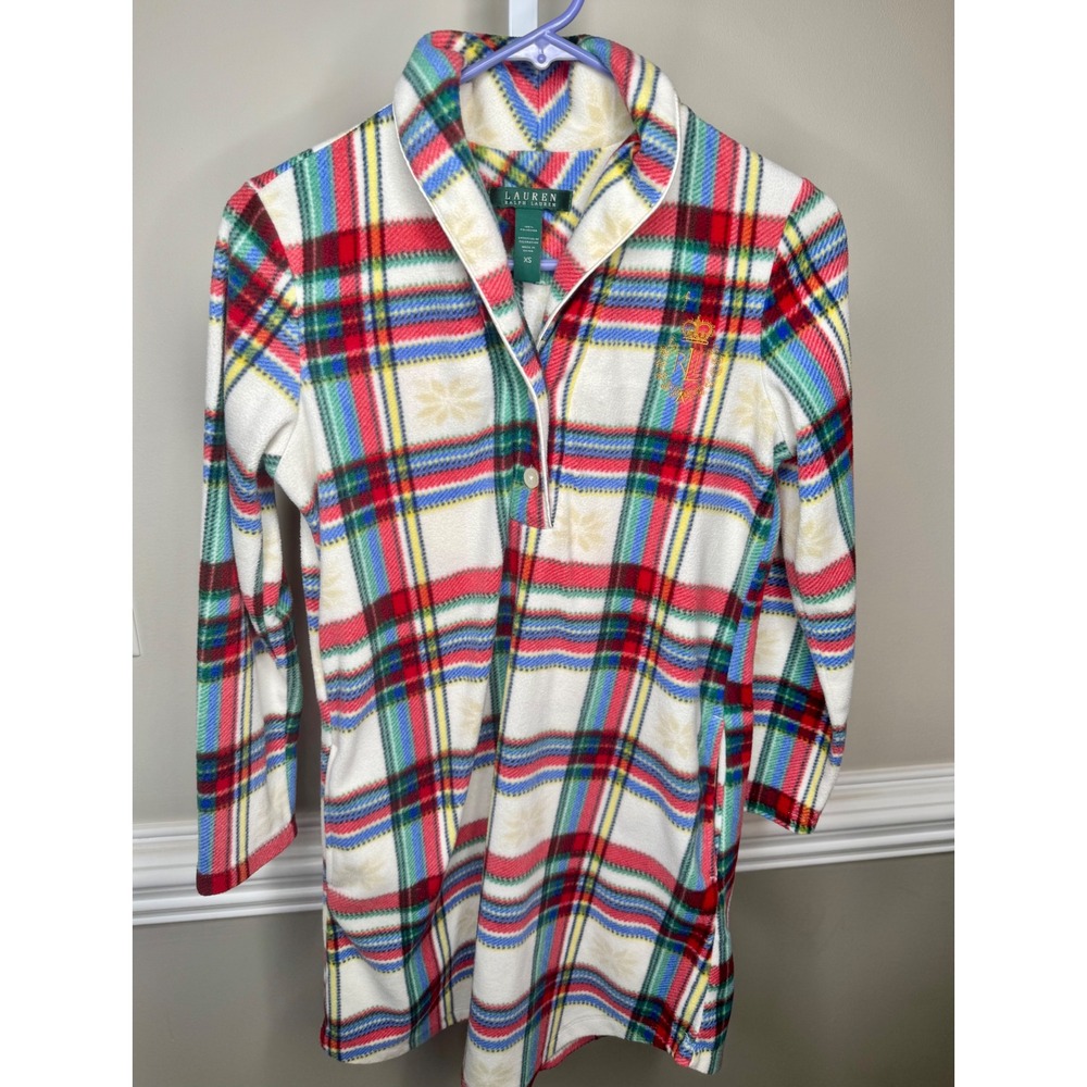 Lauren Ralph Lauren Women's Fleece Plaid‎ Sleep Shirt Tunic XS Snowflake Detail